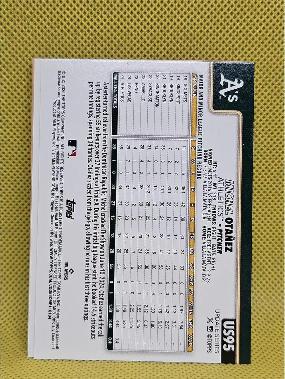 2025 Topps Update #US95 - Luis Otanez - A's - Rookie Card